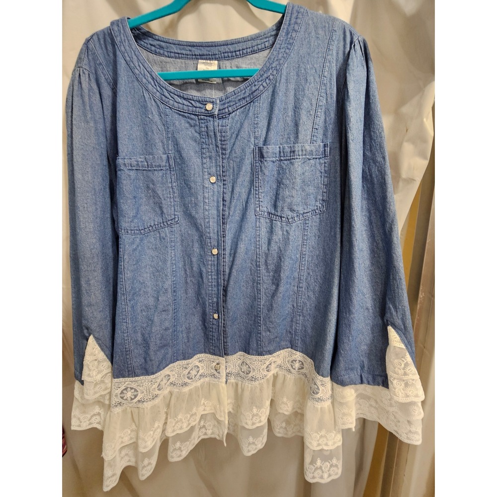New 02 Denim‎ Jacket With Lace Trim Blue Chambray Ruffle Hem XXL